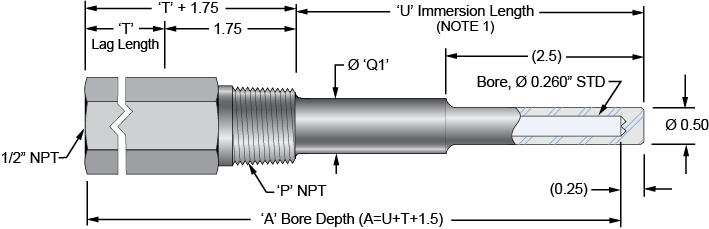 Process Thread: 1/2 NPT Stainless Thermowell 6 inch ACI Instrument Thread: 1/2 NPS A/6 
